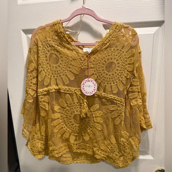 Umgee Mustard Yellow Lace Boho Blouse | NWT | Size Small | Crochet Floral Top - Picture 3 of 10